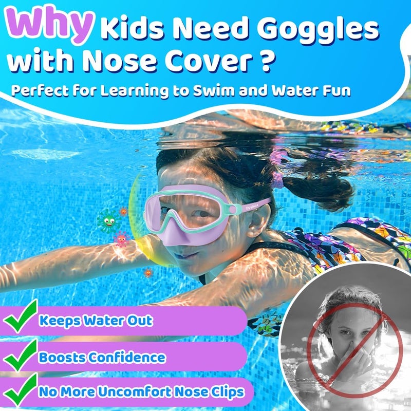 Vvinca Swim Goggles with Nose Cover, 2 Pack Wide View Diving Mask Anti-Fog UV No Leak Toddlers Swimming Goggles for Kids 3-15 - Image 2